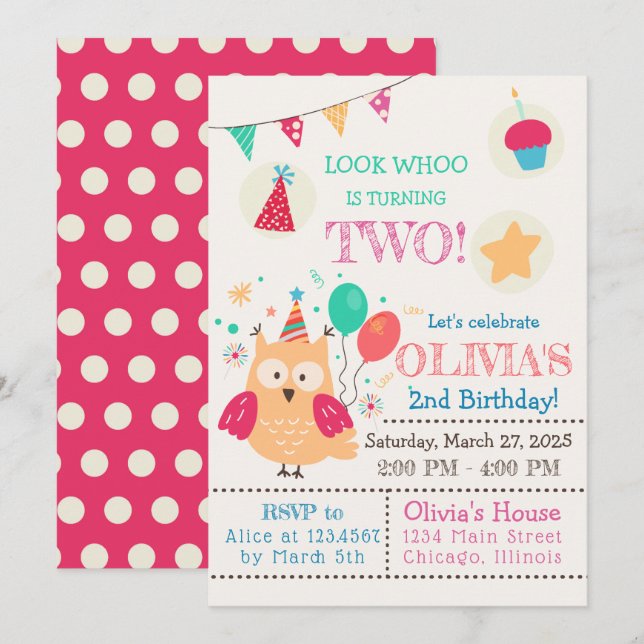 Cute colourful Owl Birthday Party Invitation (Front/Back)