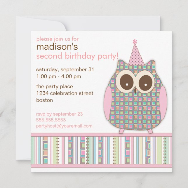 Cute Colourful Owl Child Birthday Party Invitation (Front)