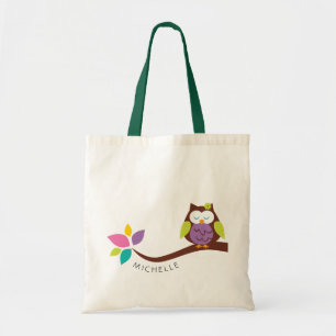 Cute Colourful owl on a branch PERSONALIZED Tote Bag