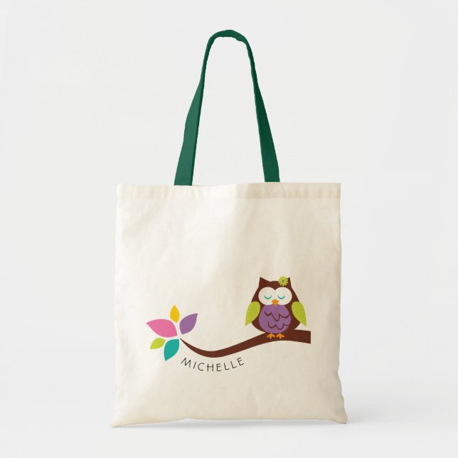 Cute Colourful owl on a branch PERSONALIZED Tote Bag (Front)