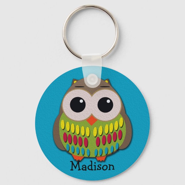 Cute Colourful Owl on Blue Personalised Keychain (Front)