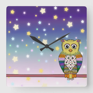 Cute Colourful Owl on star lit night Square Wall Clock