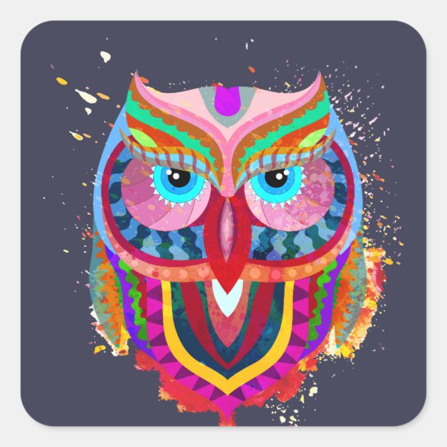 Cute Colourful Owl Square Stickers, Glossy Sticker (Front)