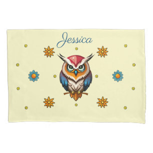 Cute Colourful Owl with Flowers Girly Pillowcase