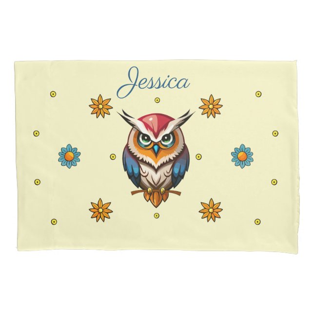 Cute Colourful Owl with Flowers Girly Pillowcase (Front)