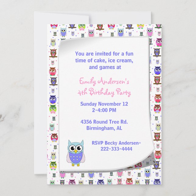 Cute Colourful Owls Birthday Invitation (Front)
