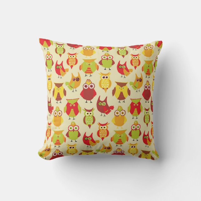 Cute Colourful Owls in Warm Red and Green Cushion (Front)