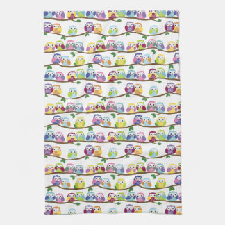 Cute Colourful Owls on the Branch Tea Towel