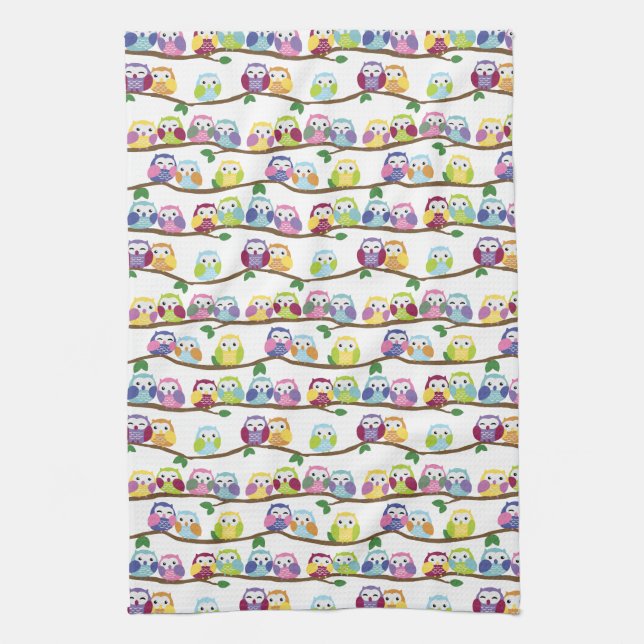 Cute Colourful Owls on the Branch Tea Towel (Vertical)