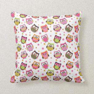 Cute Colourful Owls Pillow (White)