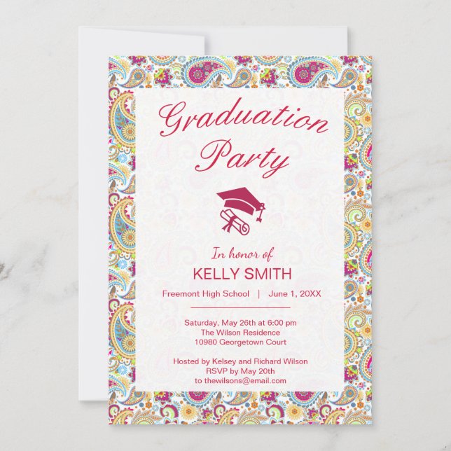 Cute colourful paisley pattern graduation party invitation (Front)