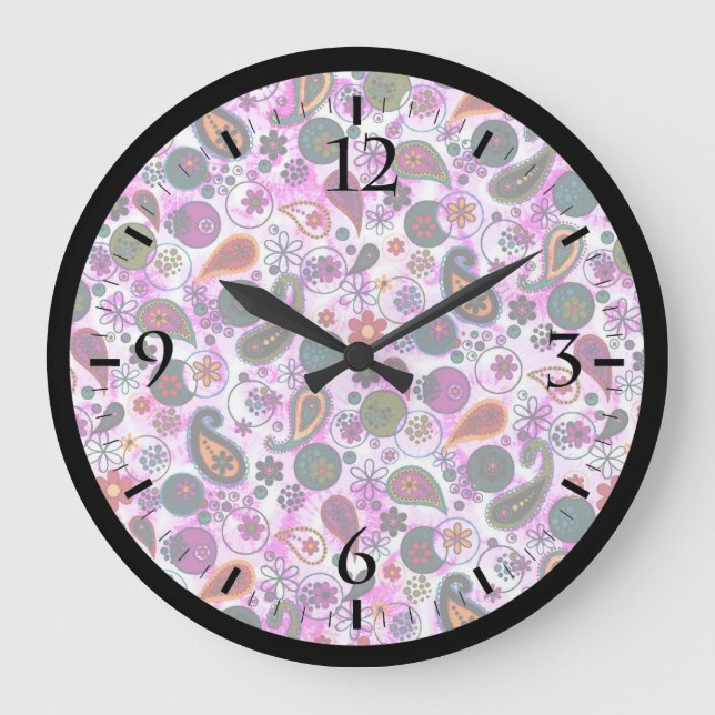Cute colourful paisley patterns large clock (Front)