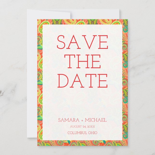 Cute colourful paisley patterns save the date (Front)