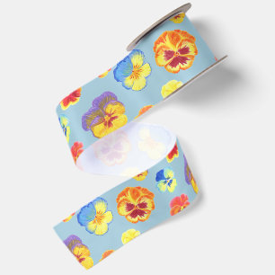 Cute Colourful Pansy Print with Spring Blue Satin Ribbon