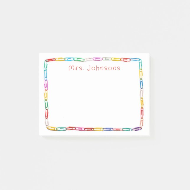Cute Colourful Paper Clips School Teachers Name Post-it Notes (Front)