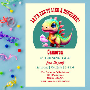 Cute Colourful Party Like a Dinosaur 2nd birthday Invitation