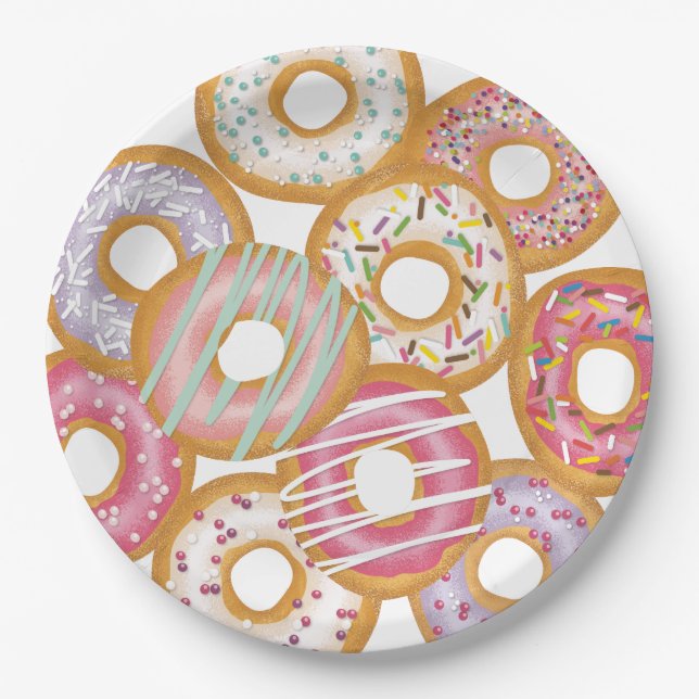 Cute Colourful Pastel Doughnuts Birthday Paper Plate (Front)