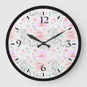 Cute colourful pastel floral aztec large clock