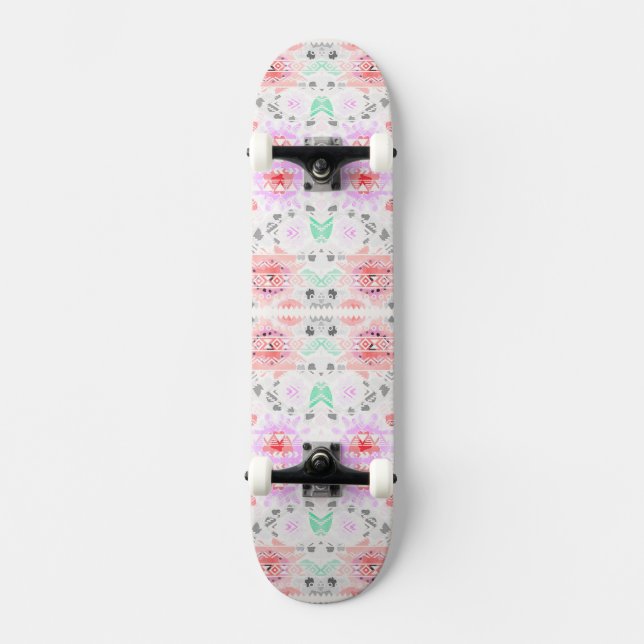 Cute colourful pastel floral aztec skateboard (Front)