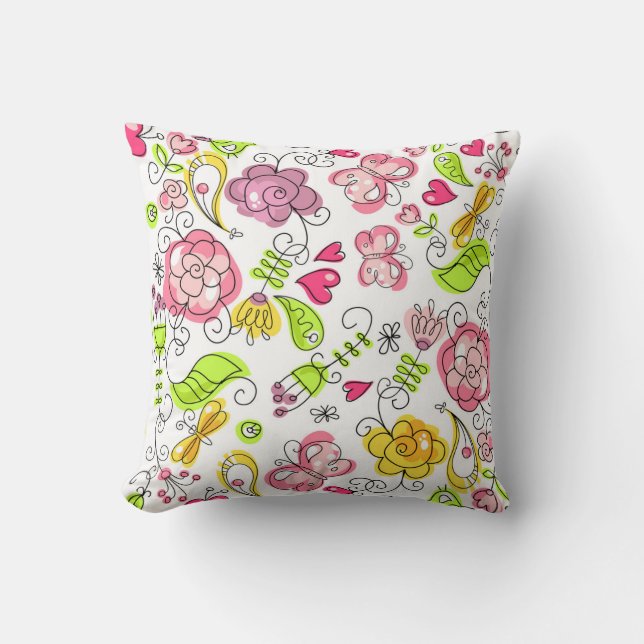 Cute Colourful Pastel Flowers Hears & Butterfly's Cushion (Front)