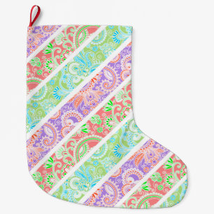 Cute colourful pastel flowers stripes large christmas stocking