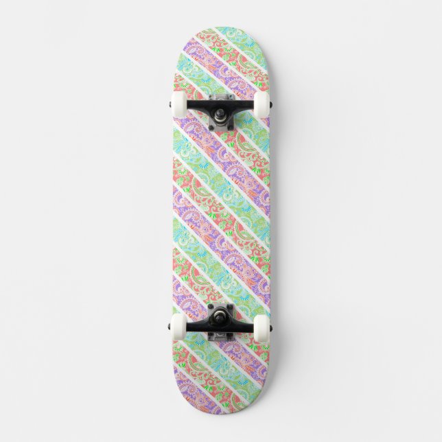 Cute colourful pastel flowers stripes skateboard (Front)