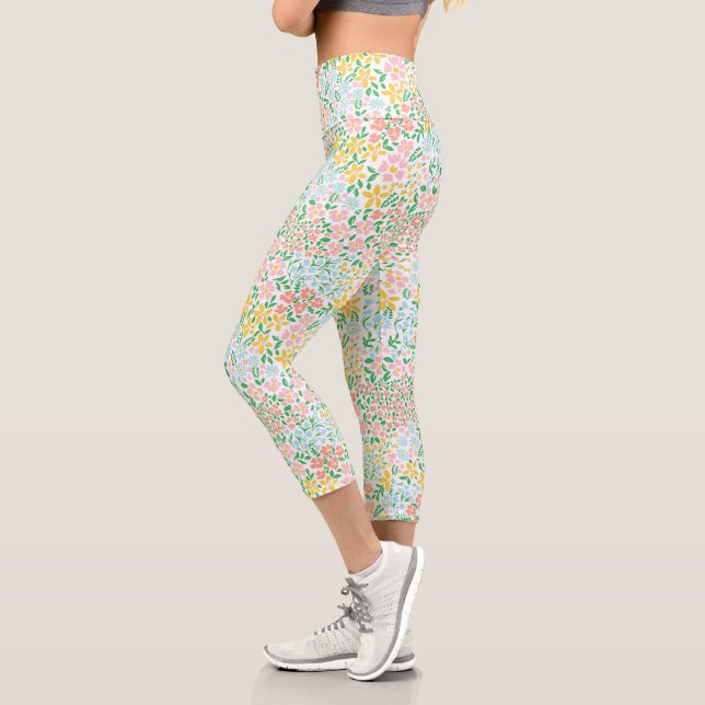 Cute Colourful Pastel Garden Flower Pattern Capri Leggings (Left)