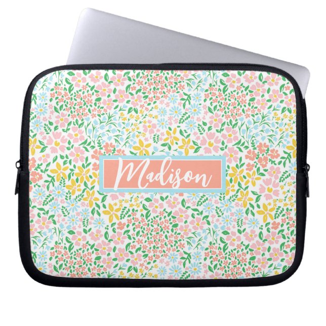 Cute Colourful Pastel Garden Flower Pattern Laptop Sleeve (Front)