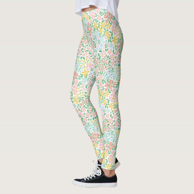 Cute Colourful Pastel Garden Flower Pattern Leggings (Left)