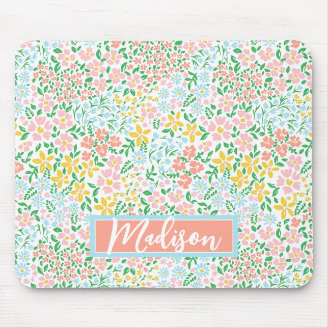Cute Colourful Pastel Garden Flower Pattern Mouse Mat (Front)