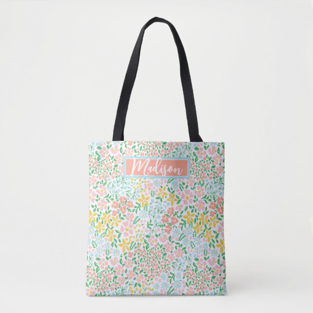 Cute Colourful Pastel Garden Flower Pattern Tote Bag (Front)