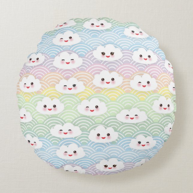 Cute Colourful Pastel Kawaii Clouds Pattern Round Cushion (Front)