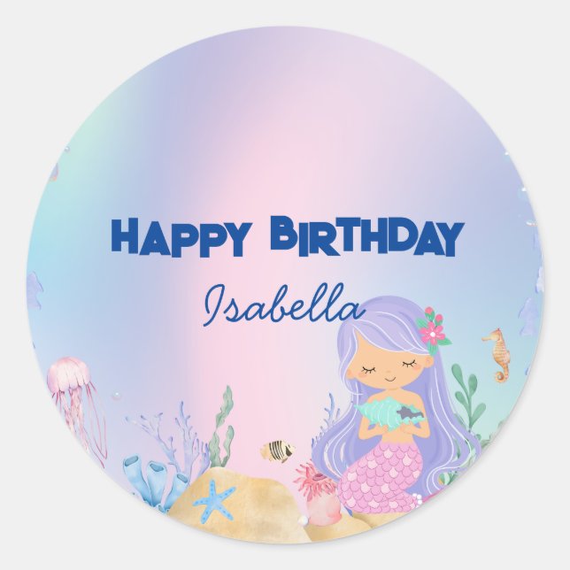 Cute colourful pastel mermaid Rainbow Birthday  Classic Round Sticker (Front)
