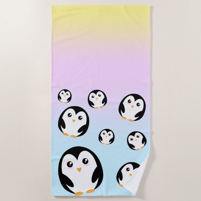 Cute colourful pastel penguin gradient pattern beach towel (Front)