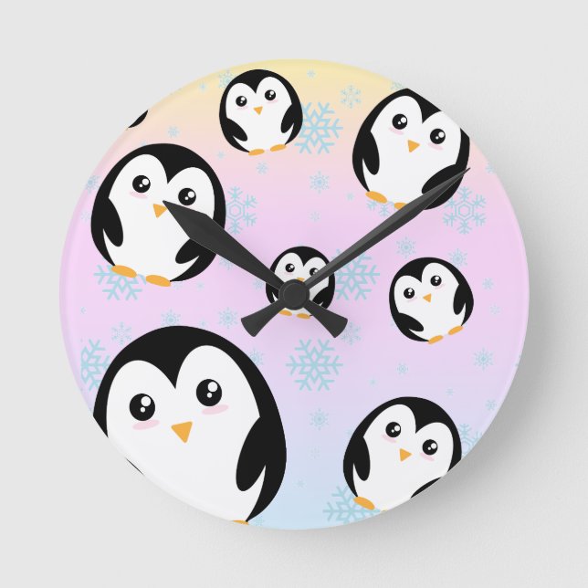 Cute colourful pastel penguin gradient pattern round clock (Front)
