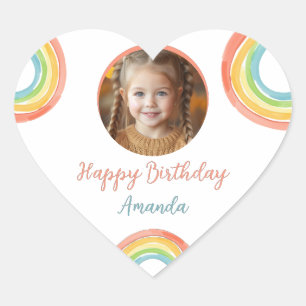 Cute Colourful Pastel Rainbow Girls Photo Birthday Heart Sticker
