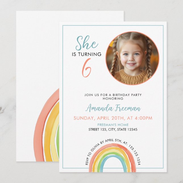 Cute Colourful Pastel Rainbow Girls Photo Birthday Invitation (Front/Back)
