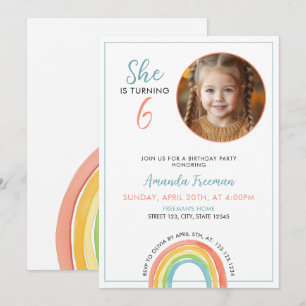 Cute Colourful Pastel Rainbow Girls Photo Birthday Invitation