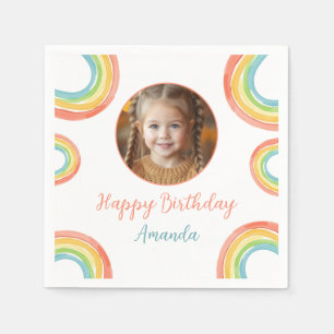 Cute Colourful Pastel Rainbow Girls Photo Birthday Napkin