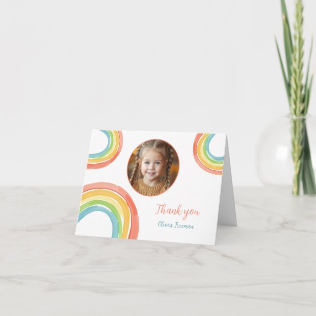 Cute Colourful Pastel Rainbow Girls Photo Birthday Thank You Card (Front)