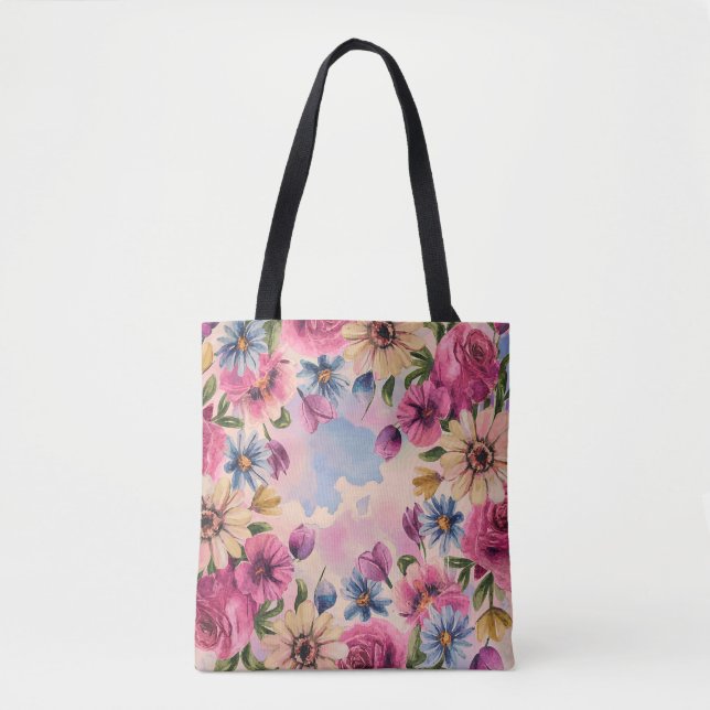 Cute colourful pastel watercolor floral tote bag (Front)