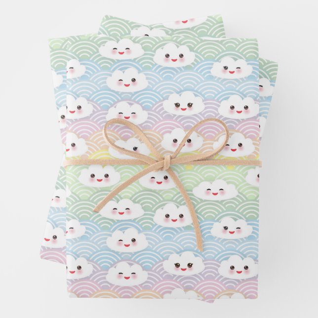 Cute Colourful Pastel Waves Kawaii Clouds Pattern Wrapping Paper Sheet (In situ)