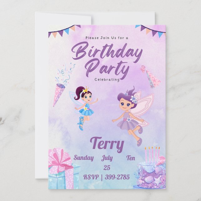 Cute Colourful Pastels Fairies Girls Birthday Part Invitation (Front)