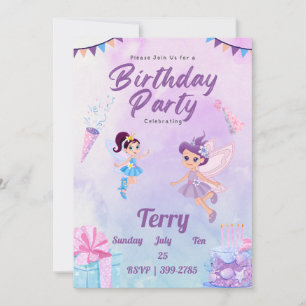 Cute Colourful Pastels Fairies Girls Birthday Part Invitation