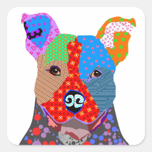 Cute Colourful Patchwork Pitbull Dog Square Sticker