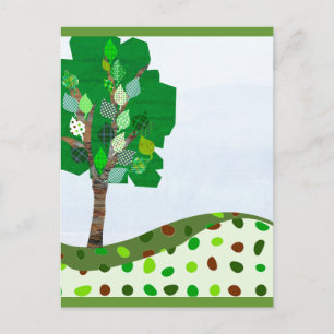 Cute Colourful Patchwork Tree and Green Hills Postcard