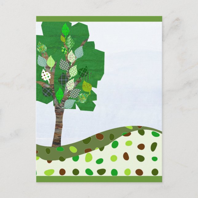 Cute Colourful  Patchwork Tree and Green Hills Postcard (Front)