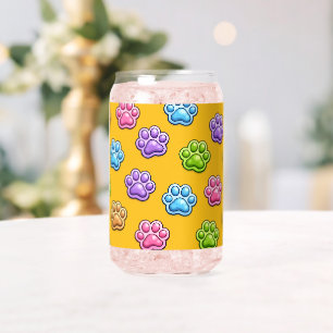 Cute Colourful Paw Print Pattern Cartoon Style Can Glass