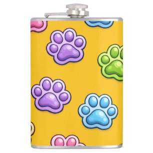 Cute Colourful Paw Print Pattern Cartoon Style Hip Flask