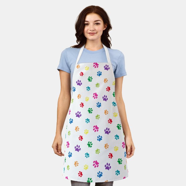 Cute Colourful Paw Prints Pattern Apron (Worn)